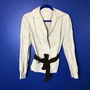 Vintage 1970s High Fashion Wrap Belt Cream and Brown Linen Blazer Suit Jacket